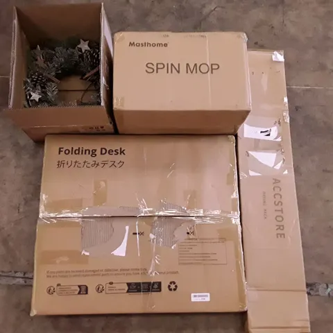 PALLET OF ASSORTED PRODUCTS INCLUDING CHRISTMAS WREATH, FOLDING DESK, SPIN MOP, ACCSTORE DRYING RACK