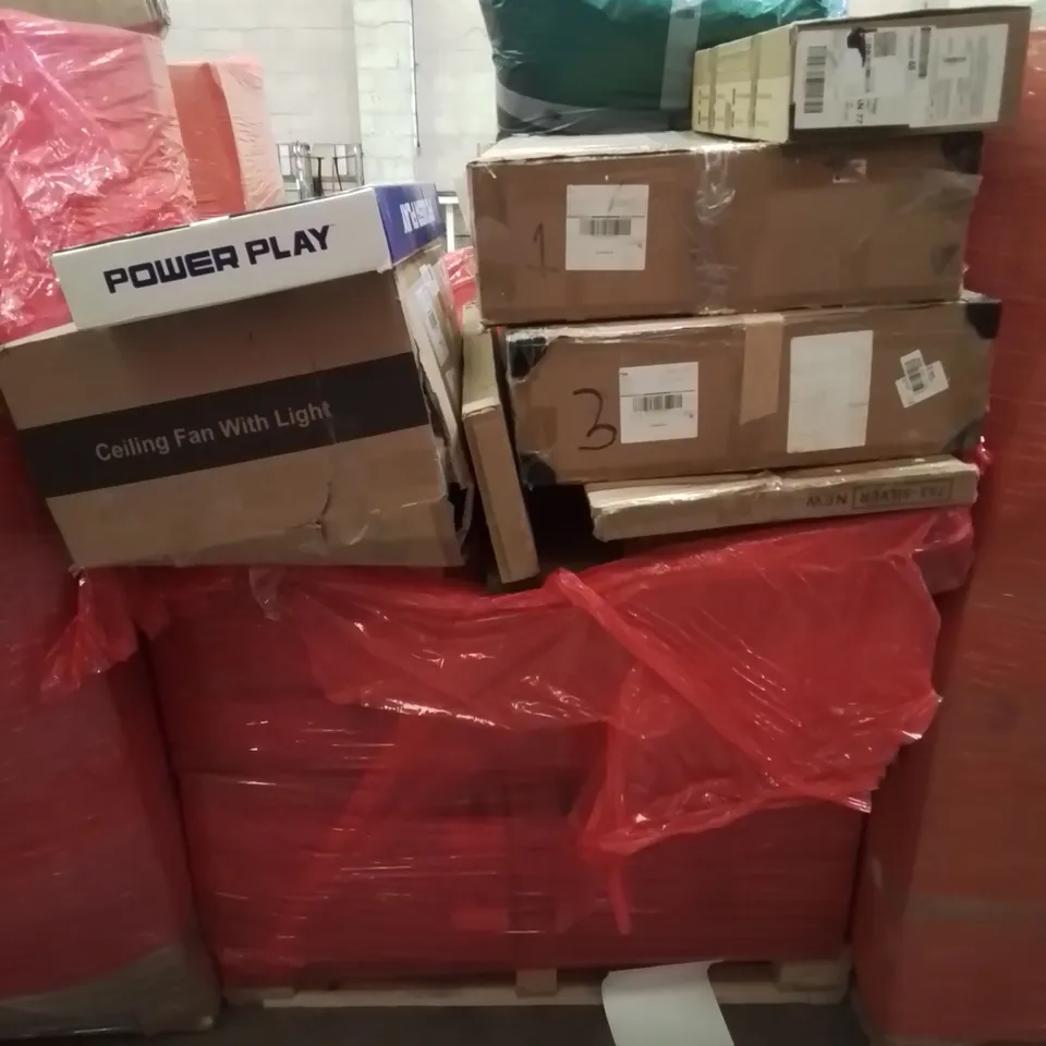 PALLET CONTAINING VARIOUS ASSORTED BOXED HOUSEHOLD ITEMS TO INCLUDE: HIGH DEFINITION GAME MACHINE, CEILING FAN WITH LIGHT, POWER PLAY CHILDREN'S POOL TABLE AND LOTS MORE UNMARKED BOXED ITEMS 