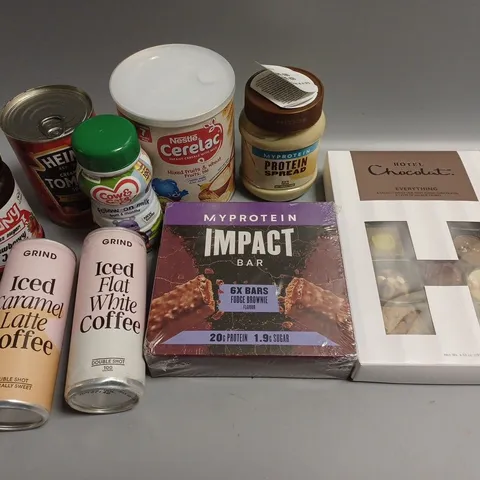 APPROXIMATELY 15 ASSORTED FOOD AND DRINK PRODUCTS TO INCLUDE MYPROTEIN IMPACT BARS, HOTEL CHOCOLAT EVERYTHING SELECTION, SKINNY JAM ETC 