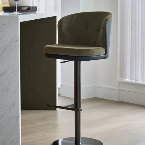 BOXED DANETTI ELODIE OLIVE GREEN VELVET AND BLACK FAUX LEATHER GAS LIFT BAR STOOL
