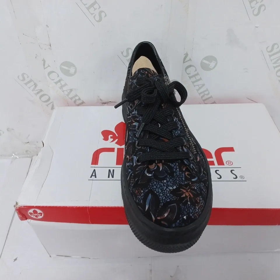 BOXED PAIR OF RIEKER FLORAL TRAINERS IN BLACK SIZE 5 