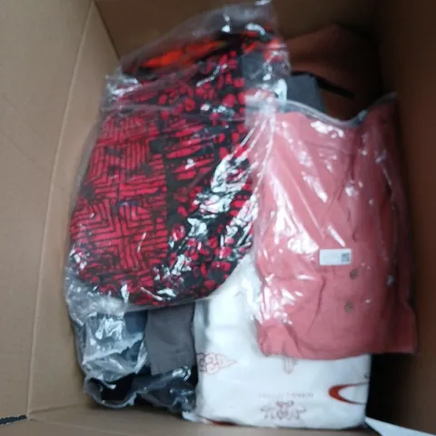 BOX OF APPROXIMATELY 25 ASSORTED CLOTHING ITEMS IN VARIOUS STYLES , COLOURS AND SIZES 
