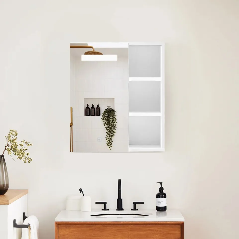 BOXED CLIPOP BATHROOM MIRROR CABINET WITH LIGHTS WALL MOUNTED SMALL 3 SHELVES STORAGE