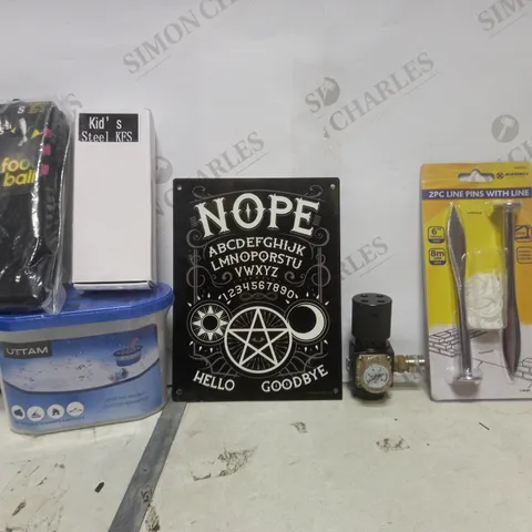 BOX OF APPROXIMATELY 16 ASSORTED ITEMS TO INCLUDE - 2 PEICE PINS WITH LINE - ADIDAS FOOTBALL SOCKS SMALL - UTTAM DAMP AND MOULD CLEANER ETC