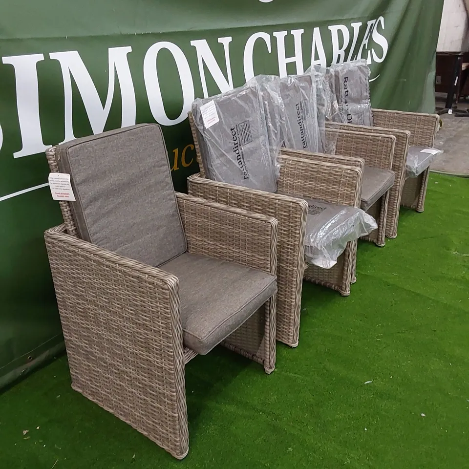 4 X DESIGNER GREY RATTAN GARDEN/PATIO CHAIRS WITH CUSHIONS 