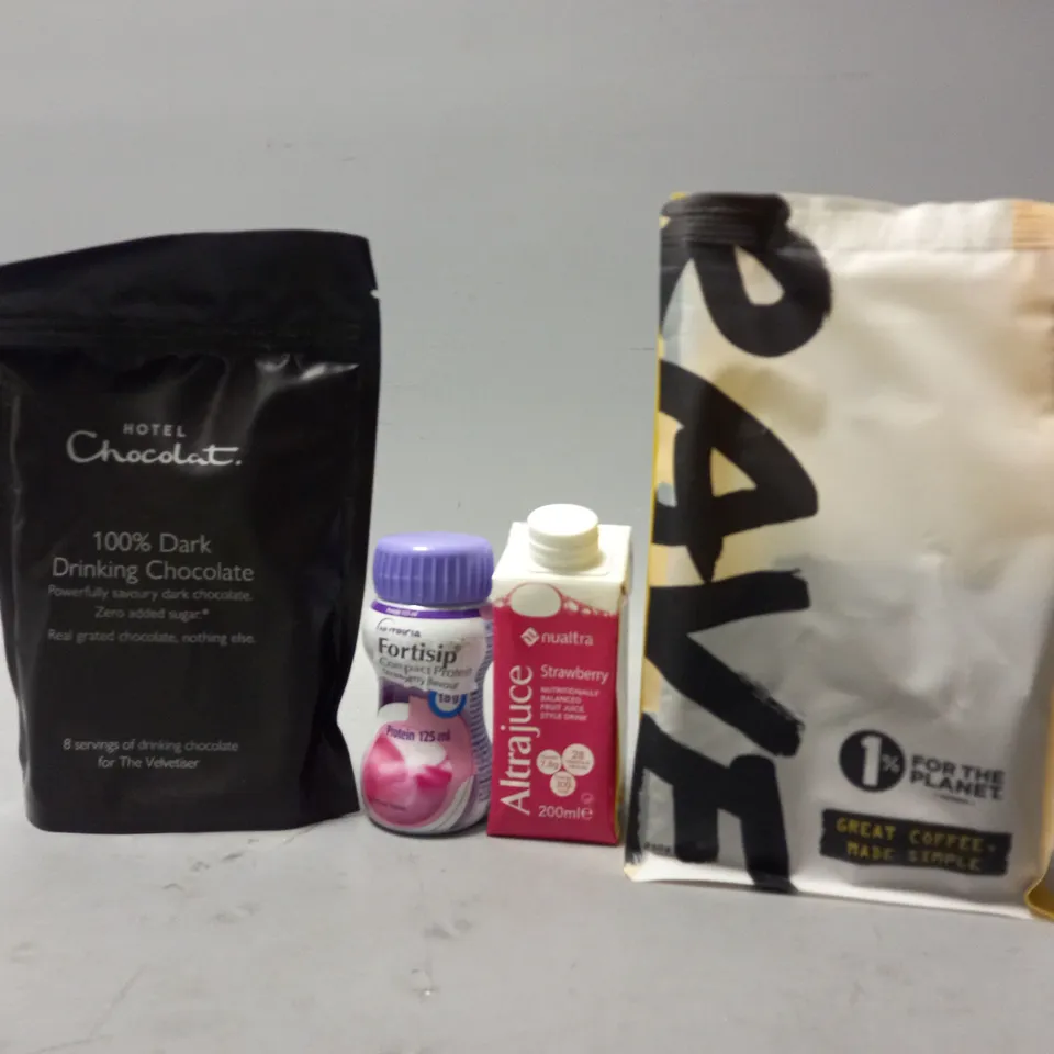 TOTE OF APPROX 12 ASSORTED FOOD ITEMS TO INCLUDE - HOTEL CHOCOLAT DARK DRINKING CHOCOLATE , NUTICIA FORTISIP , NUALTRA STRAWBERRY ETC