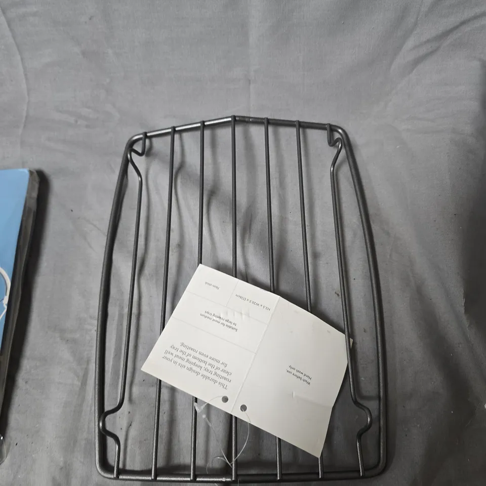 BOX OF ASSORTED HOUSEHOLD ITEMS INCLUDING METAL WIRE RACK FRAME, AUCU MOBILE PHONE BAG PACKAGING, AND MJ PLAIN RED COTTON FABRIC (1.5M X 3M)