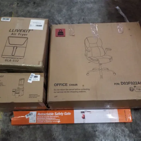 PALLET CONTAINING ASSORTED PRODUCTS INCLUDING AIR FRYER, SLOW JUICER, RETRACTABLE SAFETY GATE & OFFICE CHAIR 