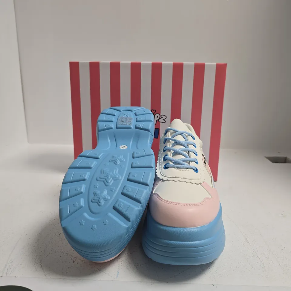 KOI PLATFORM SNEAKERS – PASTEL PINK, WHITE & BLUE WITH CHUNKY BLUE SOLE US SIZE 7