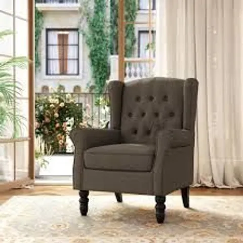 BOXED UIXE MODERN GREEN LINEN UPHOLSTERED BUTTON HIGH BACK ACCENT ARM CHAIR WITH WOOD LEGS (SET OF 1)