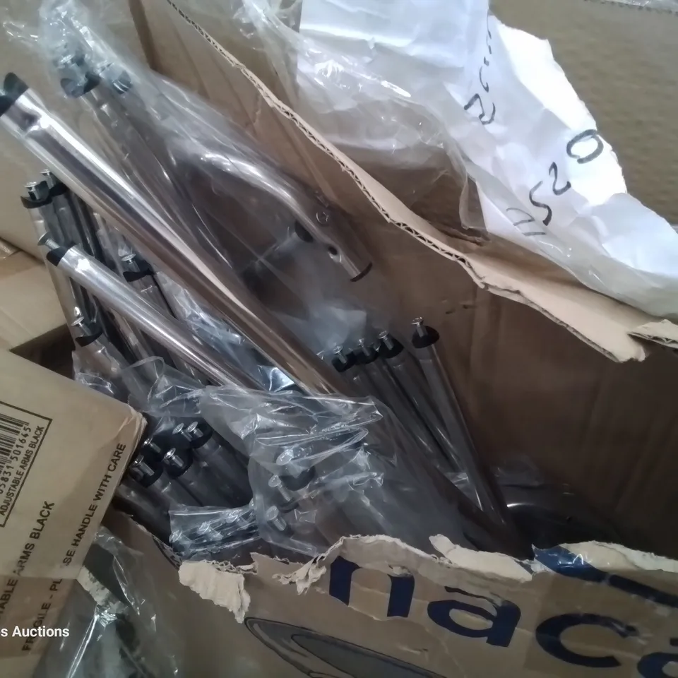 PALLET OF ASSORTED DISPENCERS, BATTERY & CHARGER, BOXED ADJUSTABLE CHAIR ARMS BLACK,