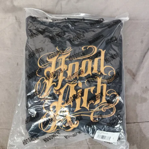 BAGGED HOOD RICH SCRIPT OVERSIZED HOODIE IN BLACK/GOLD SIZE LARGE