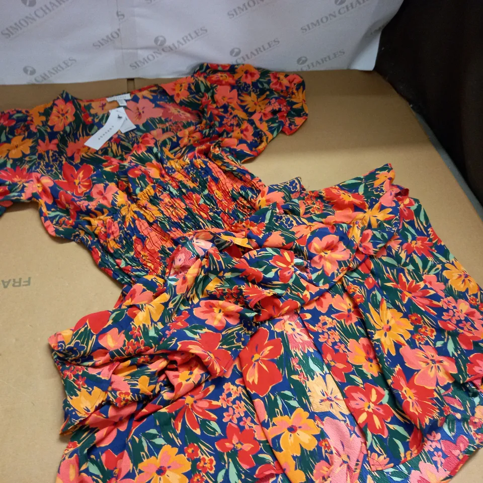 TOPSHOP LARGE FLORAL SHIRRED WAIST PEPLUM MIDI DRESS IN MULTI - UK 12
