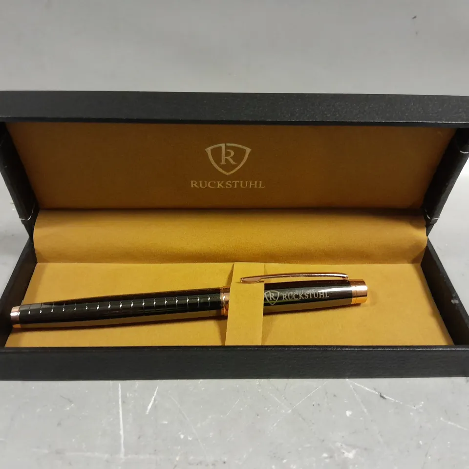 RUCKSTUHL STAINLESS STEEL LUXURY PEN IN GIFT BOX – BLACK & ROSE GOLD COLOUR CASE