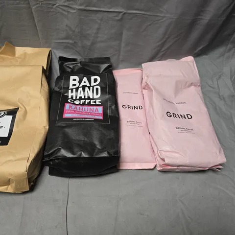 FOUR BAGS OF ASSORTED COFFEE BEANS TO INCLUDE; GRIND, BAD HAND AND ROBERTS AND CO