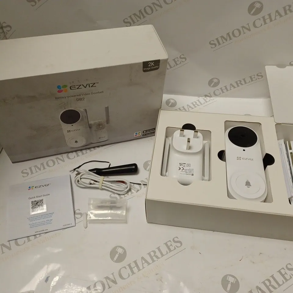 BOXED EZVIZ BATTERY POWERED VIDEO DOORBELL - MODEL DB2 - WITH CAMERA, RINGER, FITTINGS, ACCESSORIES, USB CABLE AND INSTRUCTIONS