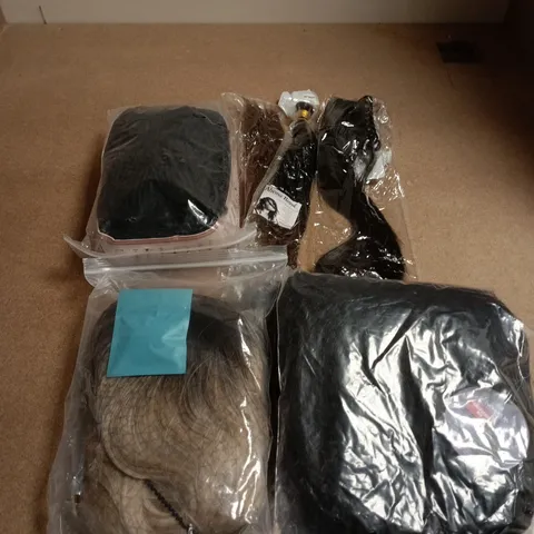 BOX OF APPROXIMATELY 12 WIGS AND HAIR PIECES IN ASSORTED COLOURS AND STYLES
