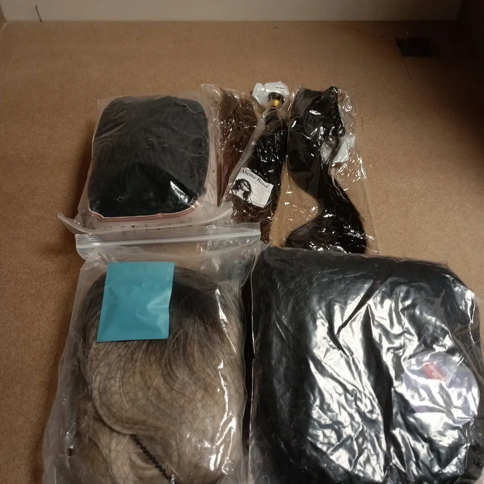 BOX OF APPROXIMATELY 12 WIGS AND HAIR PIECES IN ASSORTED COLOURS AND STYLES