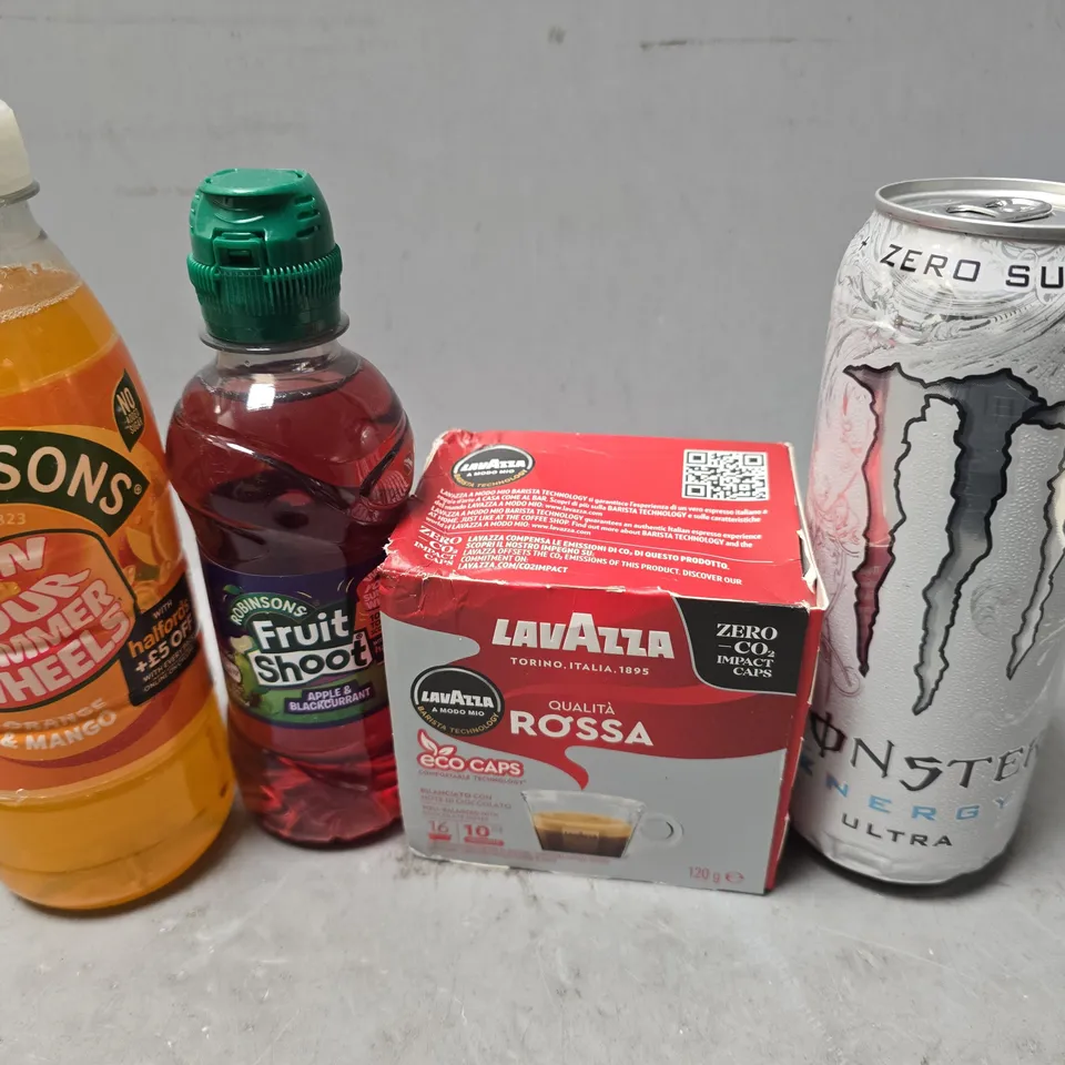 APPROXIMATELY 10 ASSORTED FOOD & DRINK ITEMS TO INCLUDE - MONSTER SUGAR FREE , LAVAZZA ROSSA , ROBINSONS ORANGE & MANGO ETC