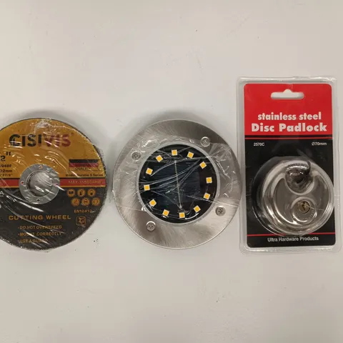 APPROXIMATELY 8 ASSORTED HOUSEHOLD ITEMS TO INCLUDE PADLOCK, CUTTING WHEEL, ETC