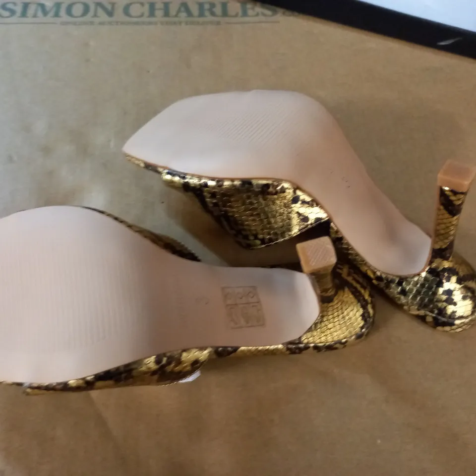 PAIR OF NASTY GAL PU SNAKE SQUARE TOED HEELED MULES IN GOLD- UK 3