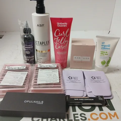 APPROX 12 ASSORTED BEAUTY PRODUCTS TO INCLUDE ASP SHAMPOO, UMBERTO GIANNINI CONDITIONER, ORGANIC SUN LOTION, ETC