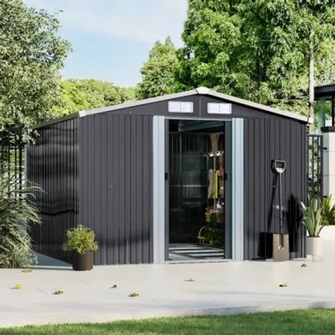 BOXED CHARCOAL BLACK GARDEN STORAGE 8FT W + 8FT D METAL TOOL SHED (3 BOXES)