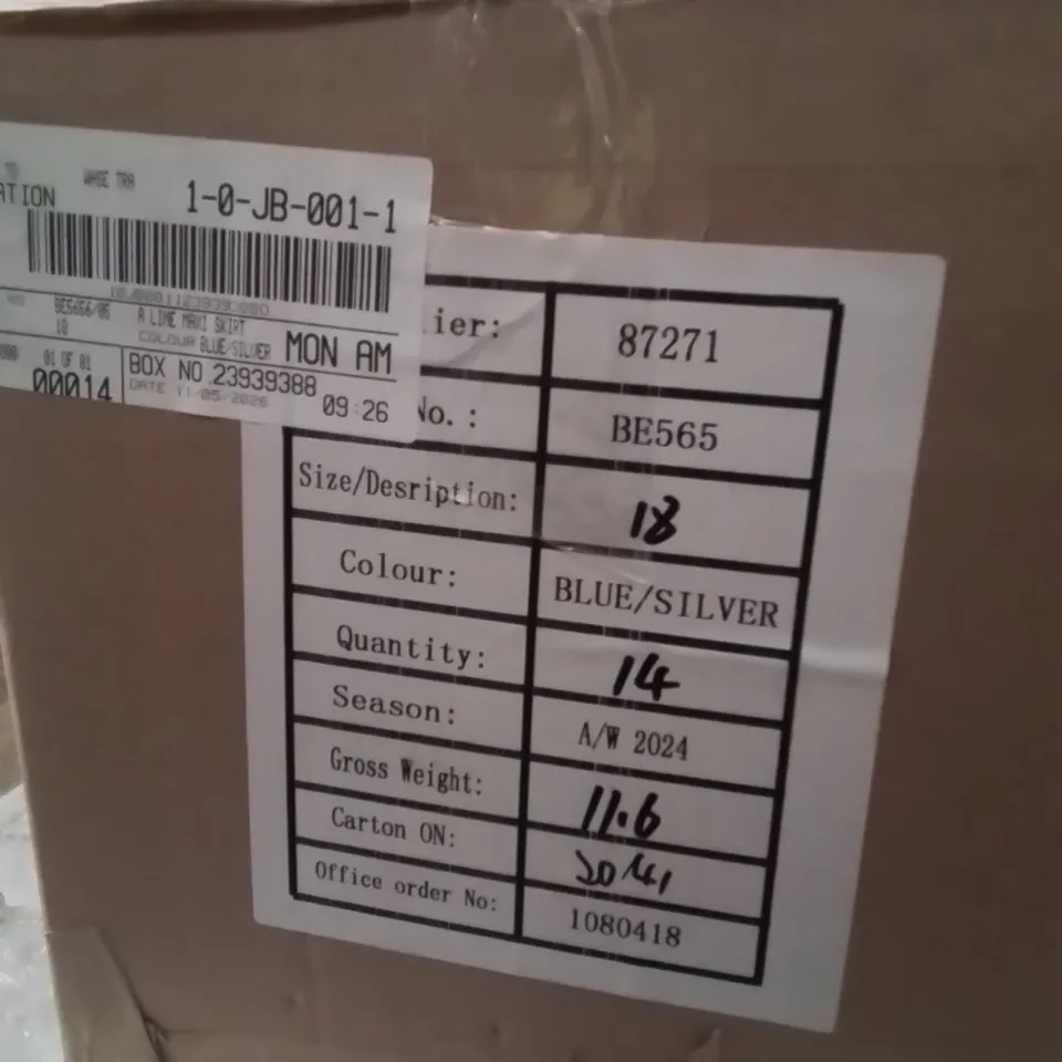 BOX CONTAINING APPROXIMATELY 14 BRAND NEW SIMPLY BE A LINE MAXI SKIRT BLUE/SILVER SIZE 18