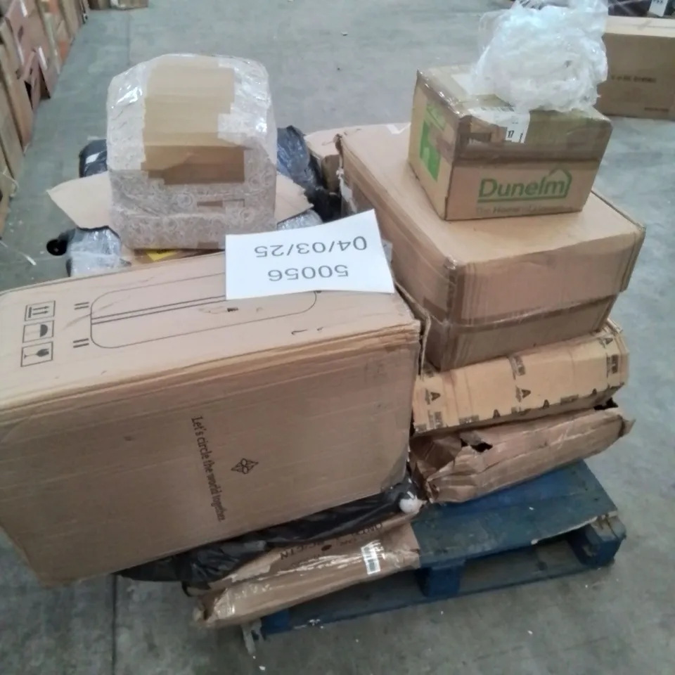 PALLET CONTAINING VARIOUS ASSORTED HOUSEHOLD ITEMS AND FURNITURE PARTS.