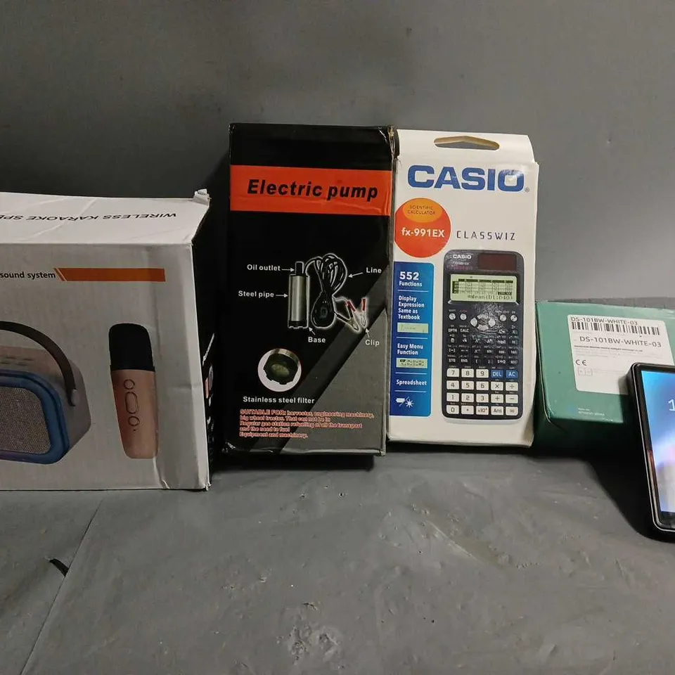 APPROXIMATELY 12 ASSORTED ITEMS TO INCLUDE - HI-FI MUSIC PLAYER , CASIO CALULATOR , ELECTRIC PUMP ETC