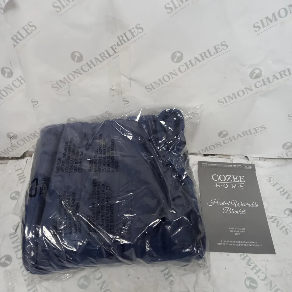 BOXED COZEE HOME HEATED PLUSH WEARABLE BLANKET IN NAVY