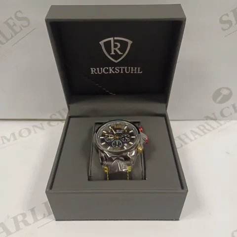 MENβS RUCKSTUHL CHRONOGRAPH WATCH β MODEL R120 β BLACK MULTI-FUNCTION DIAL β BLACK GENUINE LEATHER STRAP β 3ATM WATER RESISTANT