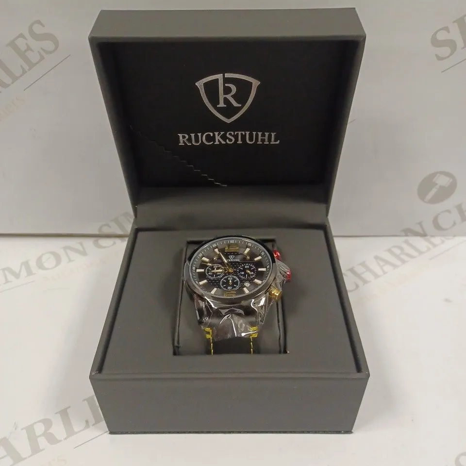 MEN’S RUCKSTUHL CHRONOGRAPH WATCH – MODEL R120 – BLACK MULTI-FUNCTION DIAL – BLACK GENUINE LEATHER STRAP – 3ATM WATER RESISTANT