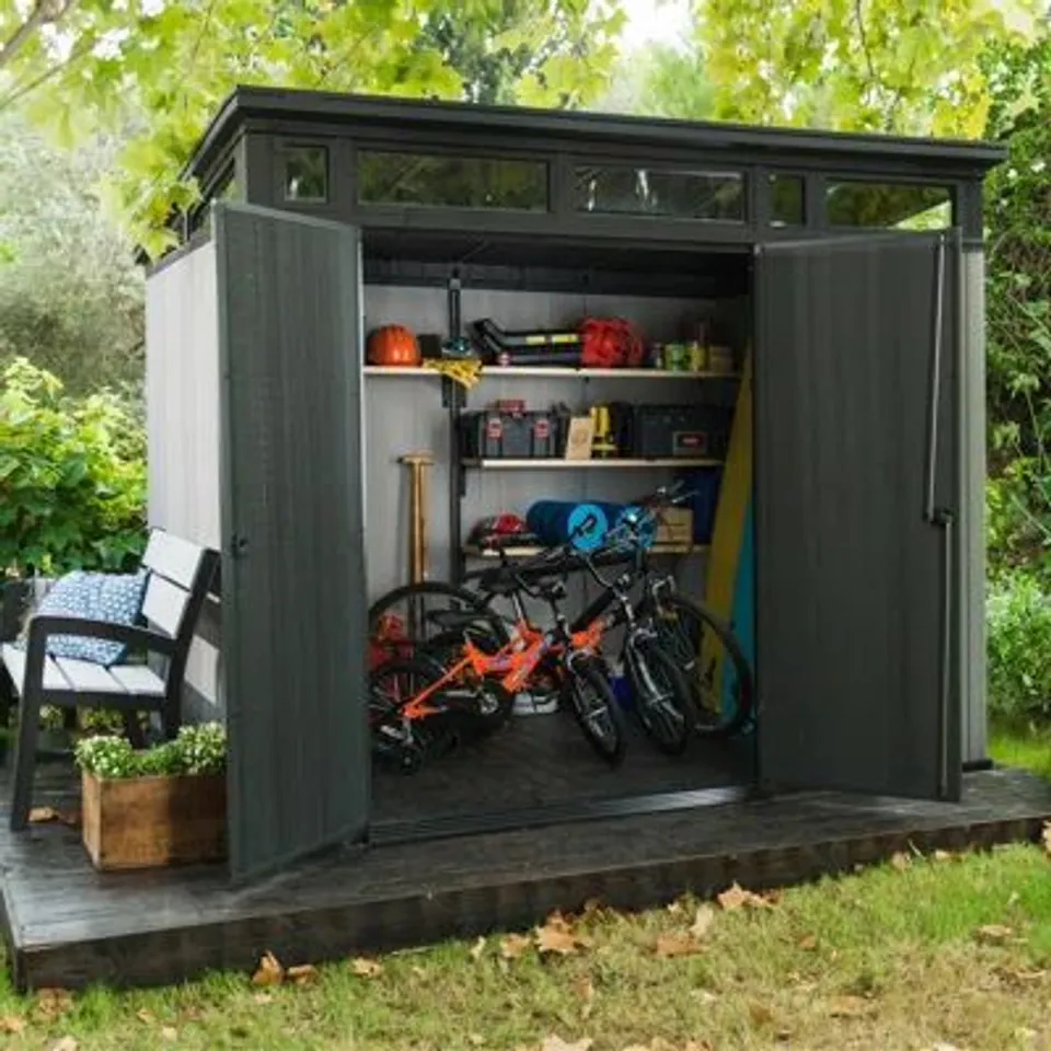 BOXED KETER ARTISAN 9FT W × 7FT D PENT OUTDOOR GARDEN SHED (3 BOXES)