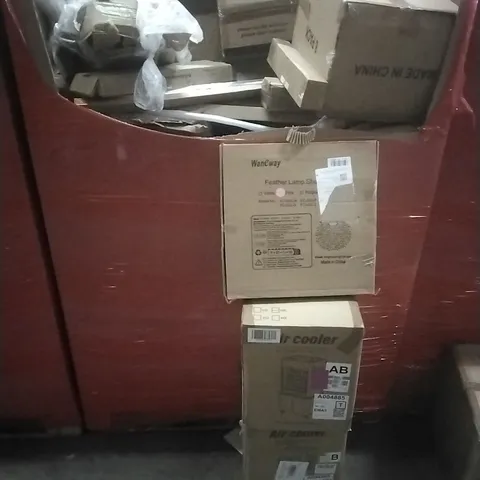 PALLET OF ASSORTED HOUSEHOLD GOODS AND PRODUCTS TO INCLUDE; AIR COOLERS, LAMP SHADE, BOXED FURNITURE ETC
