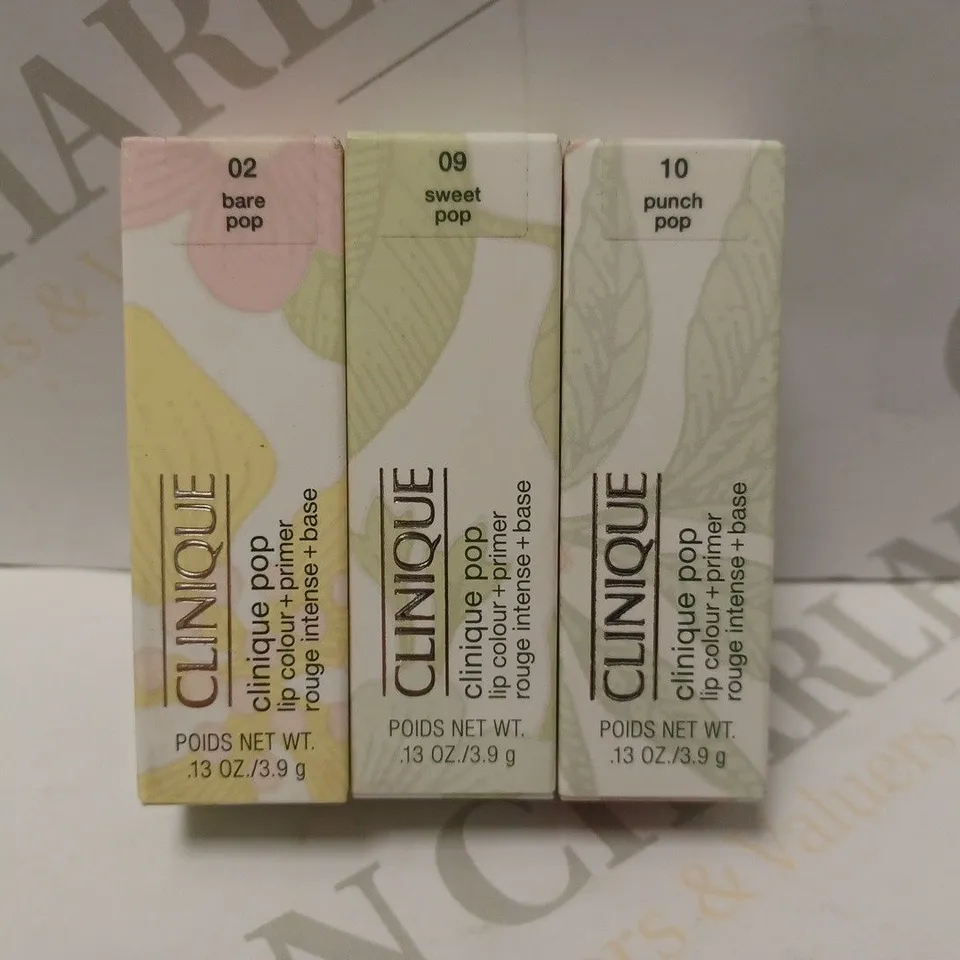 LOT OF 3 CLINIQUE POP LIP COLOUR + PRIMERS - 02 BARE POP, 09 SWEET POP, 10 PUNCH POP
