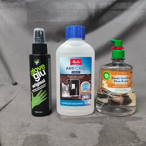 APPROXIMATELY 10 ASSORTED HOUSEHOLD ITEMS TO INCLUDE GOALKEEPER GLOVE GRIP SPRAY, ANTI CALC LIQUID FOR ESPRESSO MACHINES, ETC