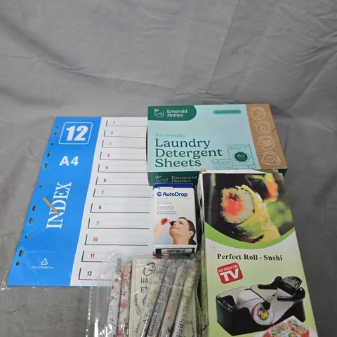 APPROXIMATELY 15 ASSORTED HOUSEHOLD PRODUCTS TO INCLUDE DETERGENT SHEETS, SUSHI ROLLER, PEN SET ETC 