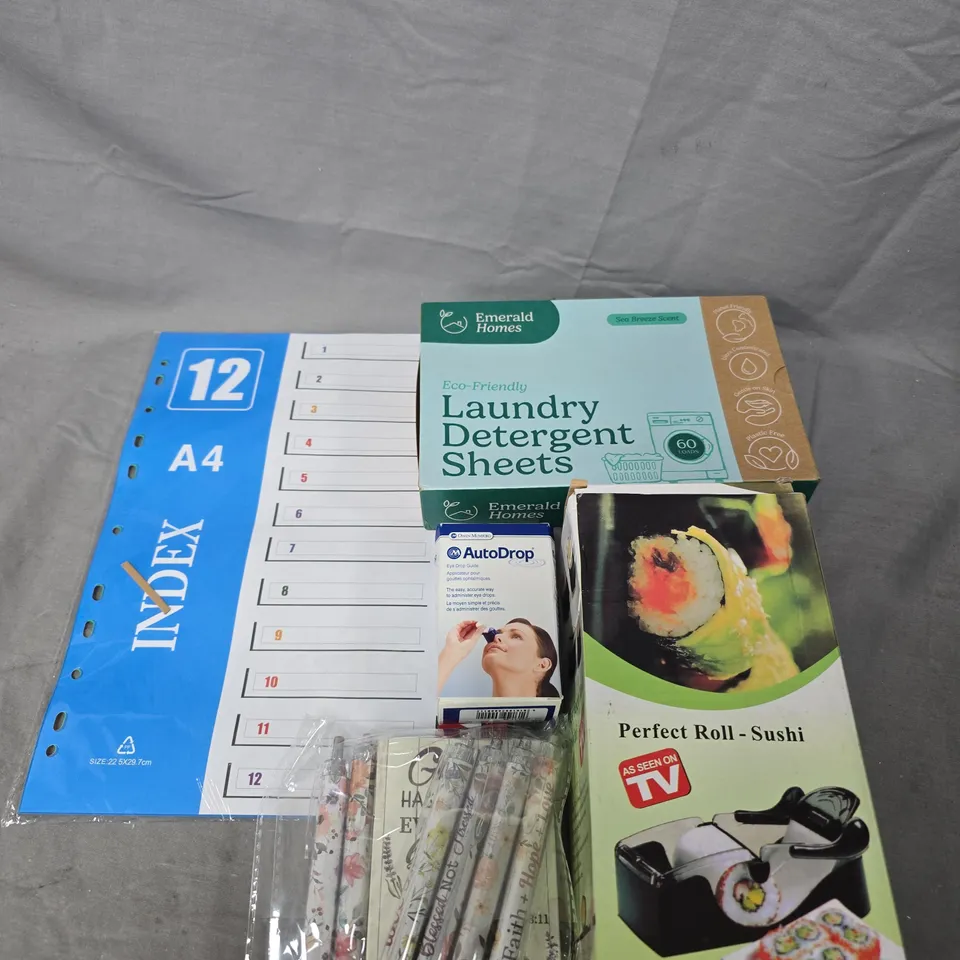 APPROXIMATELY 15 ASSORTED HOUSEHOLD PRODUCTS TO INCLUDE DETERGENT SHEETS, SUSHI ROLLER, PEN SET ETC 