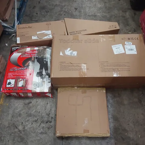 PALLET OF ASSORTED ITEMS INCLUDING: TODDLER SLIDE, KIDS SCOOTERS, PUNCHING BALL SET, TOILET SAFETY FRAME ECT