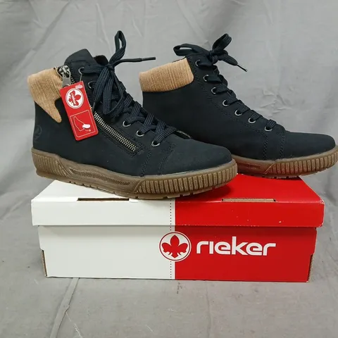 BOXED PAIR OF RIEKER HI TOP BOOTS IN NAVY SIZE 6.5