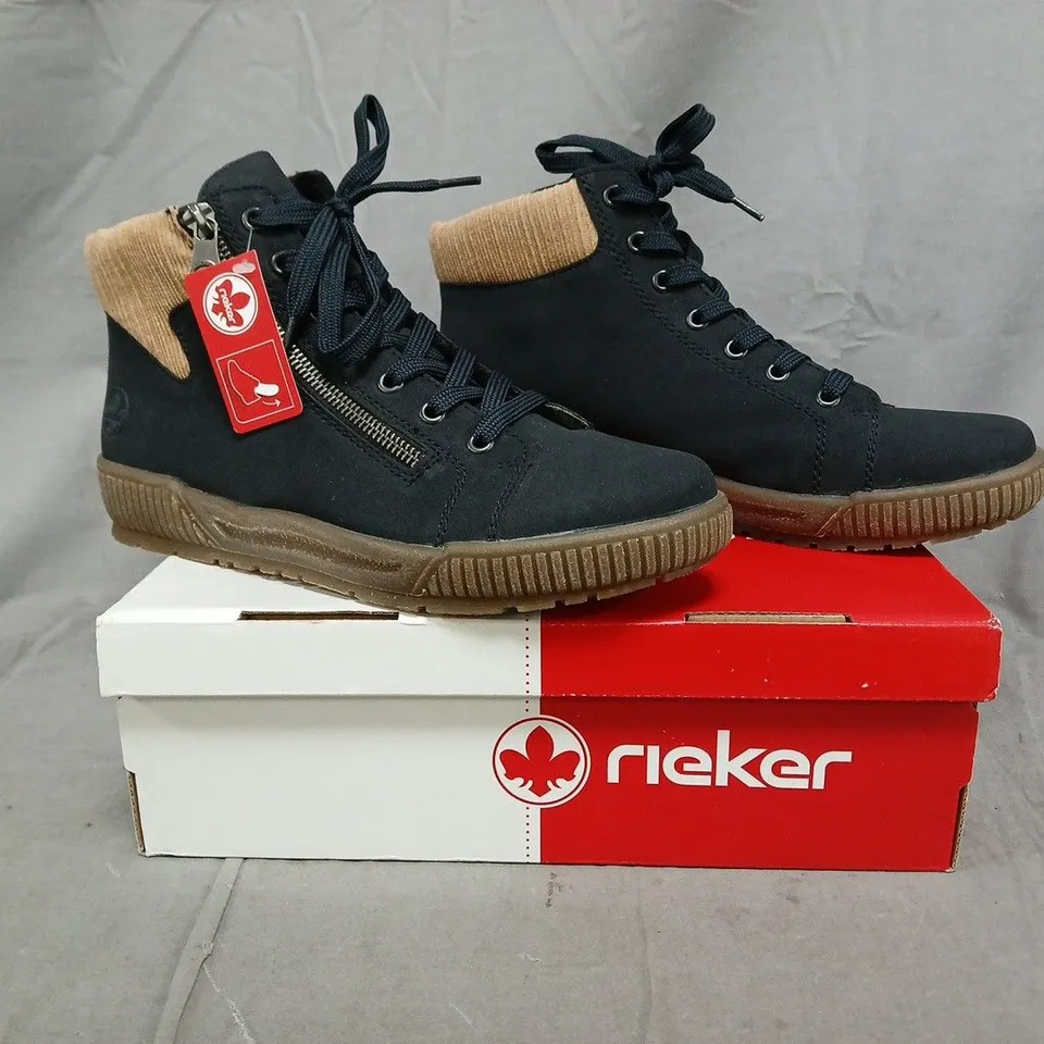 BOXED PAIR OF RIEKER HI TOP BOOTS IN NAVY SIZE 6.5