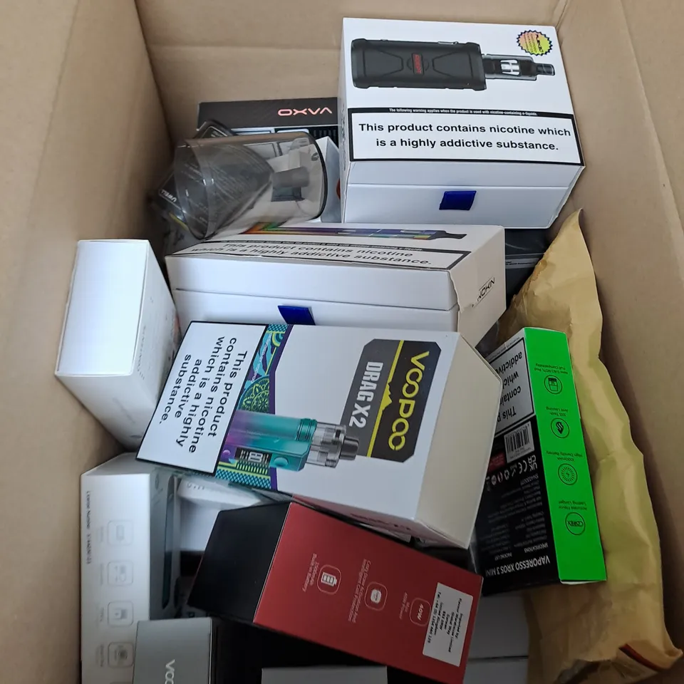 BOX OF APPROXIMATELY 15 ASSORTED E-CIGARATTES TO INCLUDE VAPEROSSO , ASPIRE, INNOKIN ETC.