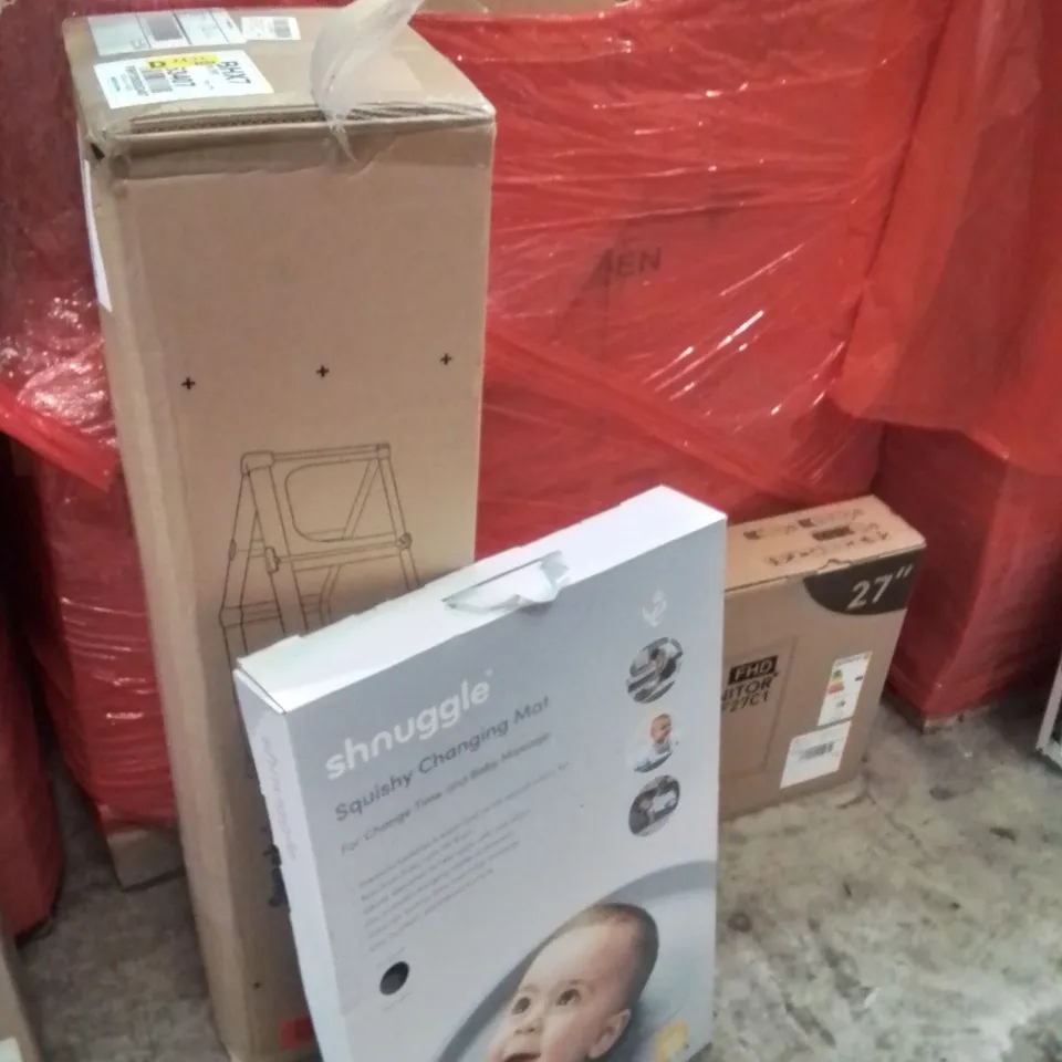 PALLET OF ASSORTED HOUSEHOLD GOODS AND PRODUCTS TO INCLUDE;PLAYPEN,BABY CHANGING PAD,FHD 24" MONITOR