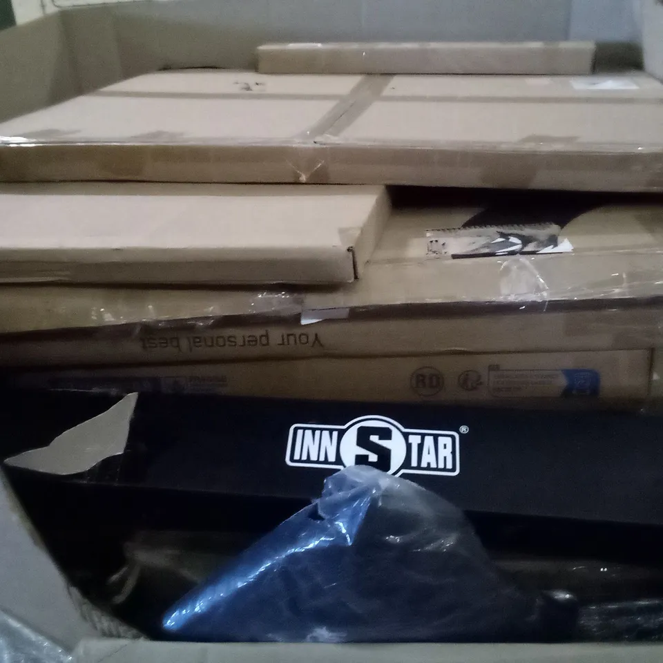 PALLET OF ASSORTED ITEMS INCLUDING BALANCE BIKE, OPTI MINI TRAMPOLINE, RETRACTABLE SAFETY GATE, TAKE DOWN BOW, TV STAND WITH MOUNT