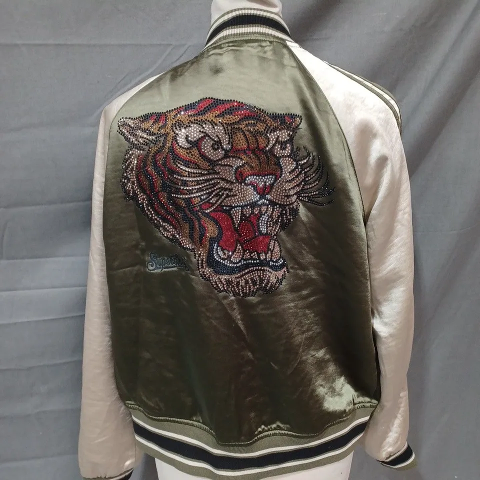 SUPERDRY GREEN ZIP THROUGH SEQUIN EMBELLSHED JACKET - UK XS