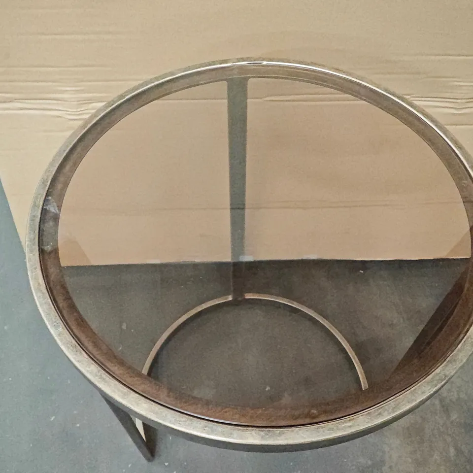 GLASS TOPPED METAL FRAMED SIDE TABLE WITH CRESENT BASE