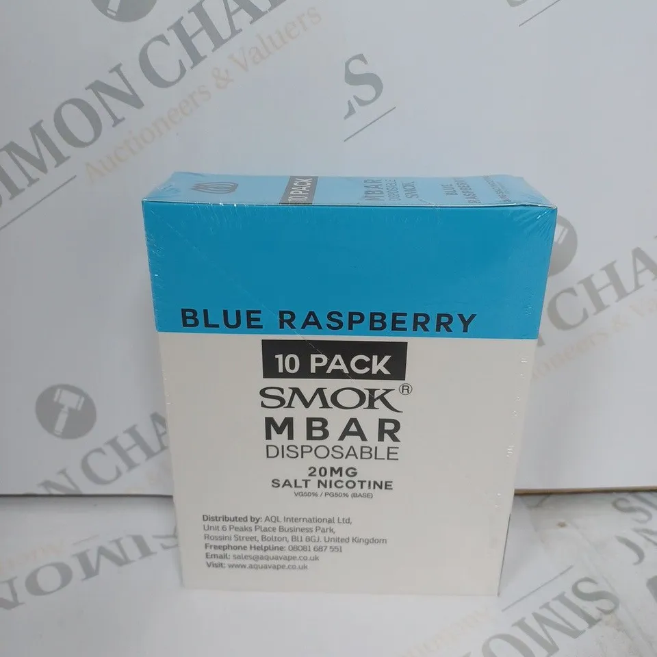 BOX OF APPROXIMATELY 10 BOXES O BLUE RASPBERRYF 10 PACK SMOK M BAR DISPOSABLE 20MG SALT NICOTINE