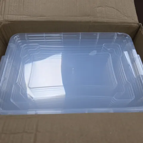 APPROXIMATELY 10 MULTIBOX 20 LITRE CLEAR PLASTIC STORAGE BOXES WITH LIDS