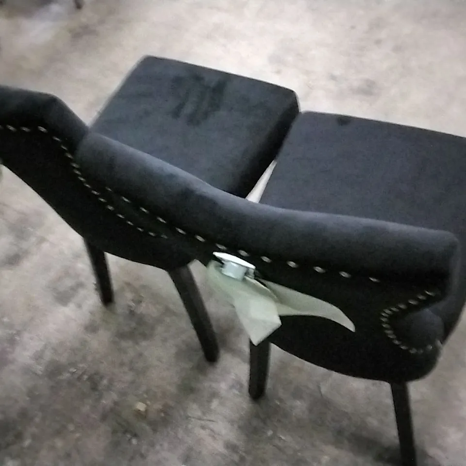 SET OF 2 PLUSH BLACK FABRIC BUTTONBACK DINING CHAIRS WITH KNOCKER BACKS AND BLACK WOODEN LEGS